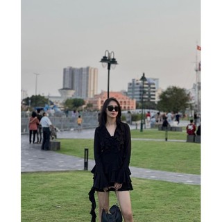 ĐẦM ĐEN TAY LOE PHỐI BÈO vani
