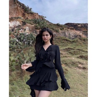 ĐẦM ĐEN TAY LOE PHỐI BÈO vani