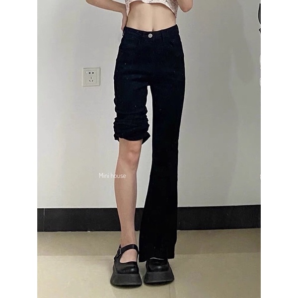 đc Hot  Quần jean ống loe cạp cao màu đen co dãn DC c