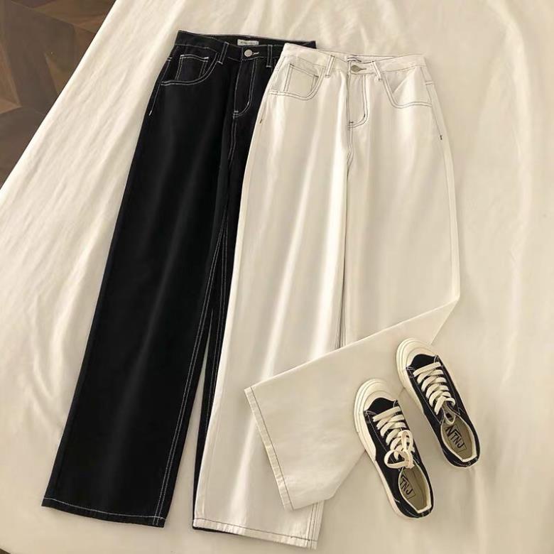 VIP HOT Quần jeans ống rộng lưng cao đen chỉ trắng CC đc | BigBuy360 - bigbuy360.vn