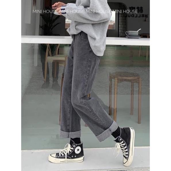 đc Hot Quần jean nữ lưng cao ống rộng màu xám khói DC c