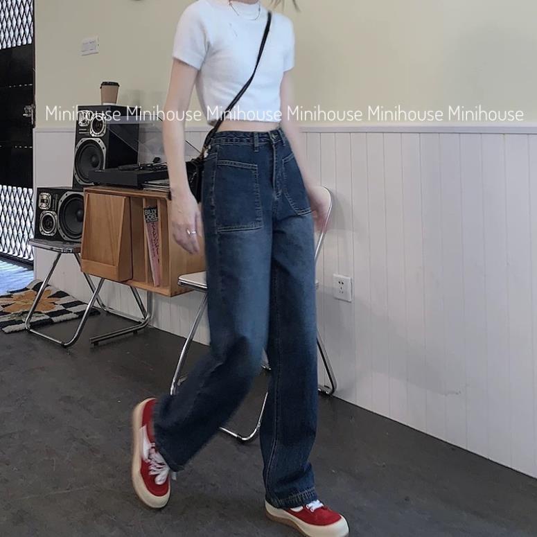 free ship1 Quần denim ống rộng cạp cao 2 túi mặt trước oke | BigBuy360 - bigbuy360.vn