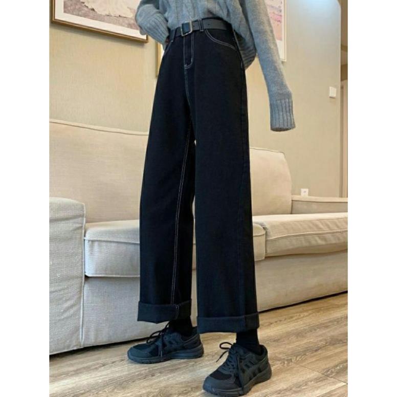 free ship1 Quần jeans ống rộng lưng cao đen chỉ trắng oke | BigBuy360 - bigbuy360.vn