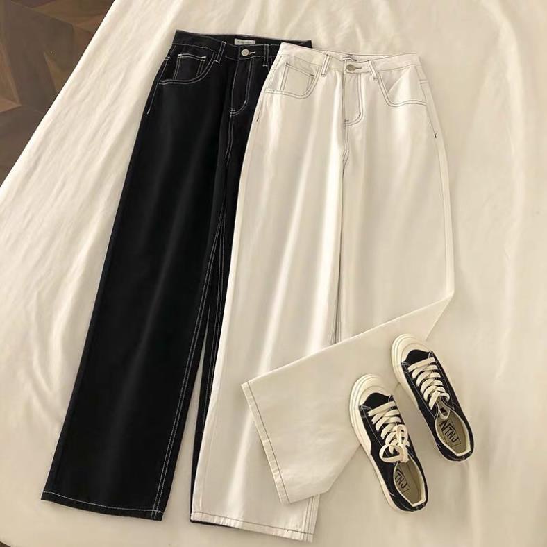 free ship1 Quần jeans ống rộng lưng cao đen chỉ trắng oke | BigBuy360 - bigbuy360.vn