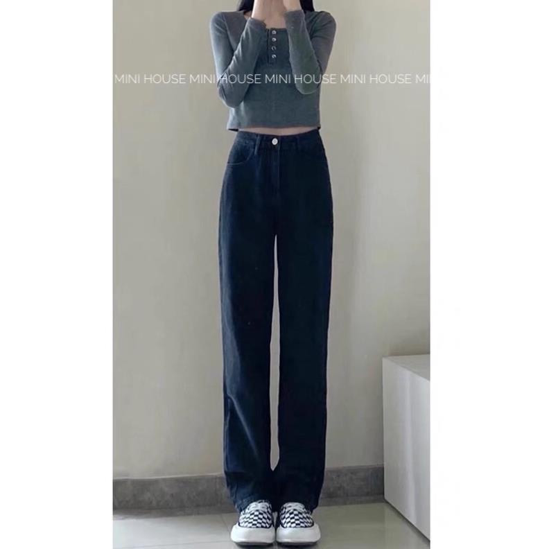 free ship1 Quần jean ống rộng suông lưng cao màu đen oke | BigBuy360 - bigbuy360.vn