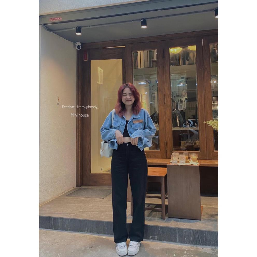 free ship1 Quần jean ống rộng suông lưng cao màu đen oke | BigBuy360 - bigbuy360.vn