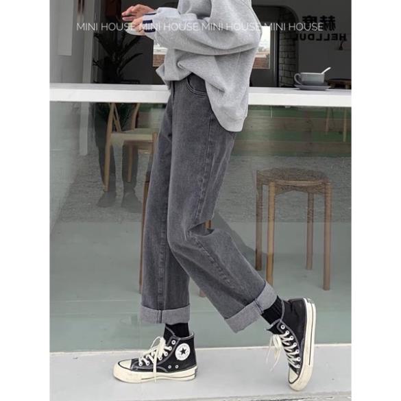 free ship1 Quần jean nữ lưng cao ống rộng màu xám khói oke | BigBuy360 - bigbuy360.vn