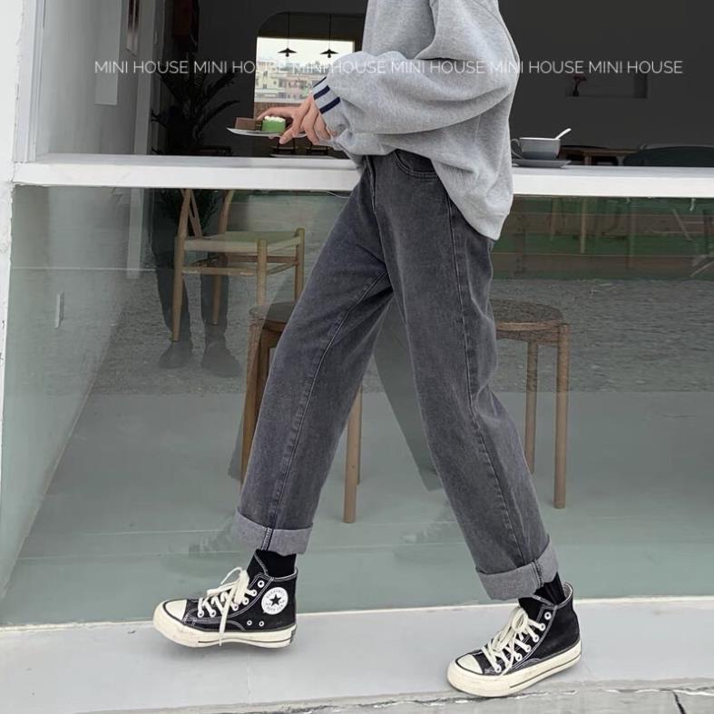 free ship1 Quần jean nữ lưng cao ống rộng màu xám khói oke | BigBuy360 - bigbuy360.vn