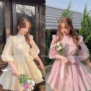 Váy Tơ Xốp Nhăn Tay Bồng Kèm Đai Khuy Ngọc 2 Lớp, Đầm Dáng Xoè Tiểu Thư