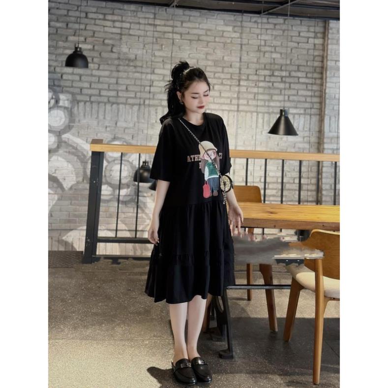 Váy bầu Ba Tầng, Đầm bầu  Babydoll Ba Tầng In Hình Cô Gái Đội Mũ Chất Cotton From Rộng
