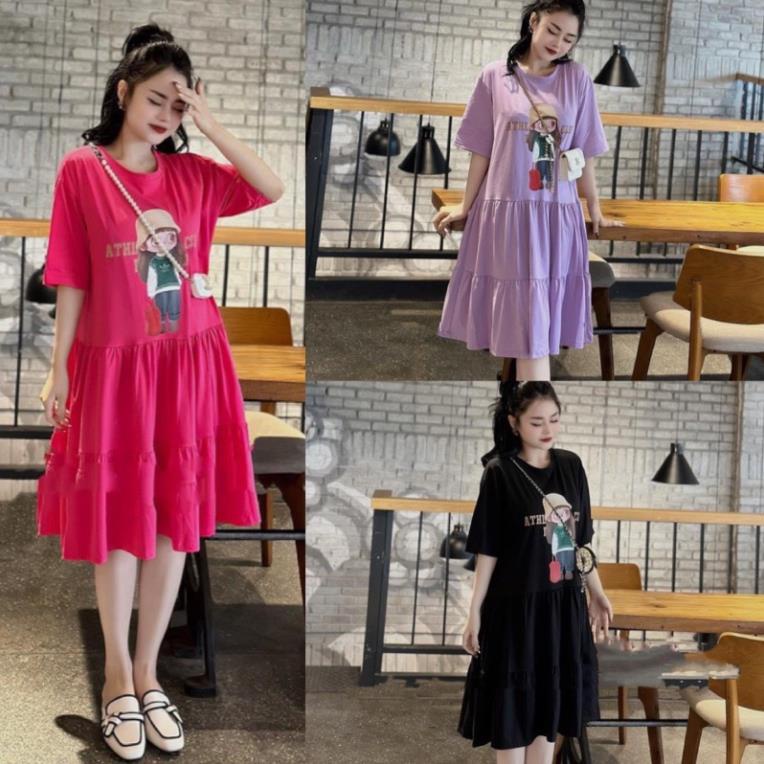 Váy bầu Ba Tầng, Đầm bầu  Babydoll Ba Tầng In Hình Cô Gái Đội Mũ Chất Cotton From Rộng