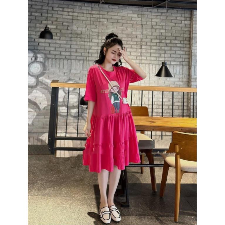 Váy bầu Ba Tầng, Đầm bầu  Babydoll Ba Tầng In Hình Cô Gái Đội Mũ Chất Cotton From Rộng