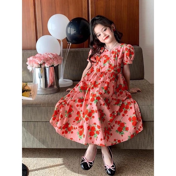 đầm cam hoa đỏ qc maxi