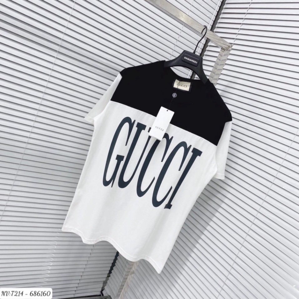 Áo thun nam nữ tay lỡ in chữ Gucci đen trắng HOTTREND, áo phông đôi Unisex 3158 cổ tròn chất cotton dày dặn cao cấp AT7