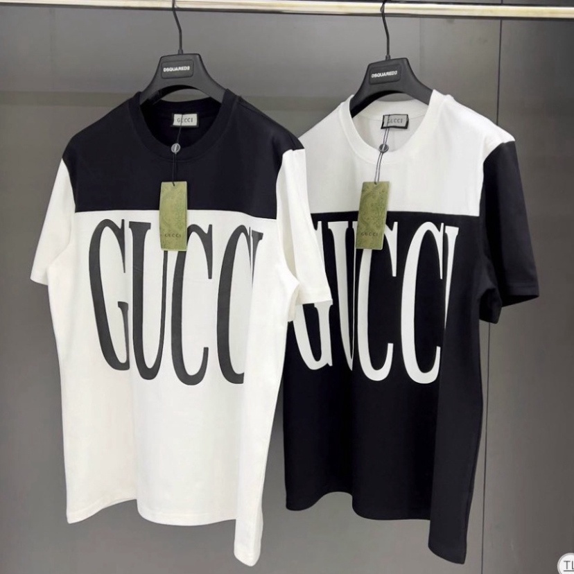 Áo thun nam nữ tay lỡ in chữ Gucci đen trắng HOTTREND, áo phông đôi Unisex 3158 cổ tròn chất cotton dày dặn cao cấp AT7