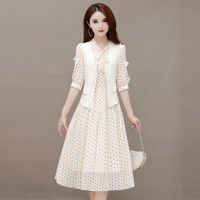 Bộ Áo Khoác Mỏng Tay Lửng Dáng Ôm + Chân Váy Chữ A Họa Tiết Chấm Bi Bằng Vải Voan Thời Trang Mùa Hè Dành Cho Bạn Nữ