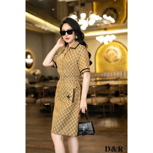 Hàng nhập - Đầm jean suông cổ sơ mi họa tiết, váy bò tay ngắn cài nút thanh lịch