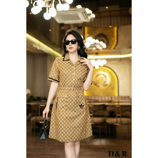 Hàng nhập - Đầm jean suông cổ sơ mi họa tiết, váy bò tay ngắn cài nút thanh lịch