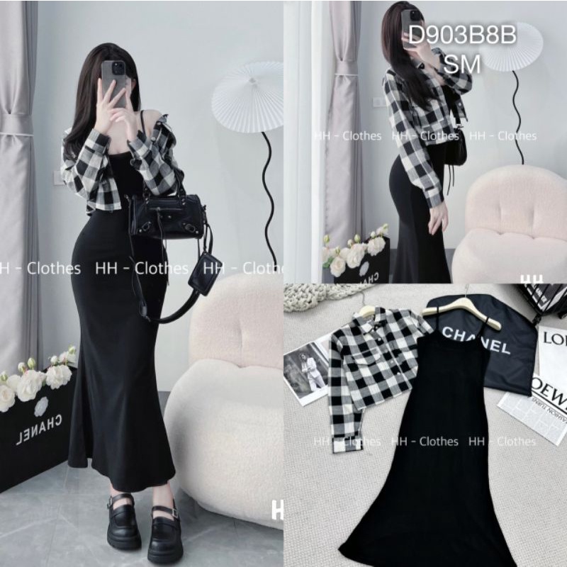 Set đầm 2 dây đuôi cá dáng dài ôm body phối áo sơ mi caro lửng phong cách ulzzang hàn