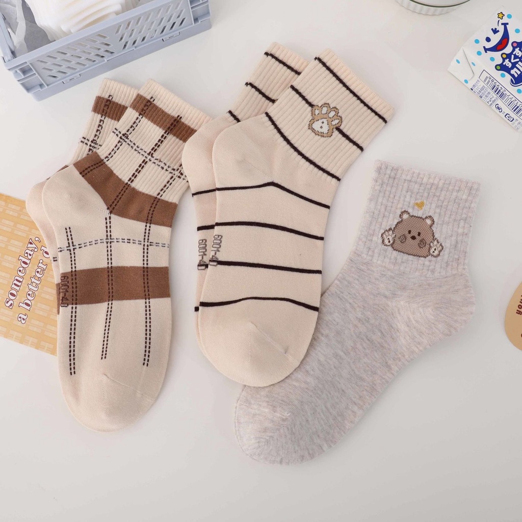 Vớ Thể Thao Cổ Vừa Họa Tiết Gấu Dễ Thương Phong Cách Nhật Bản