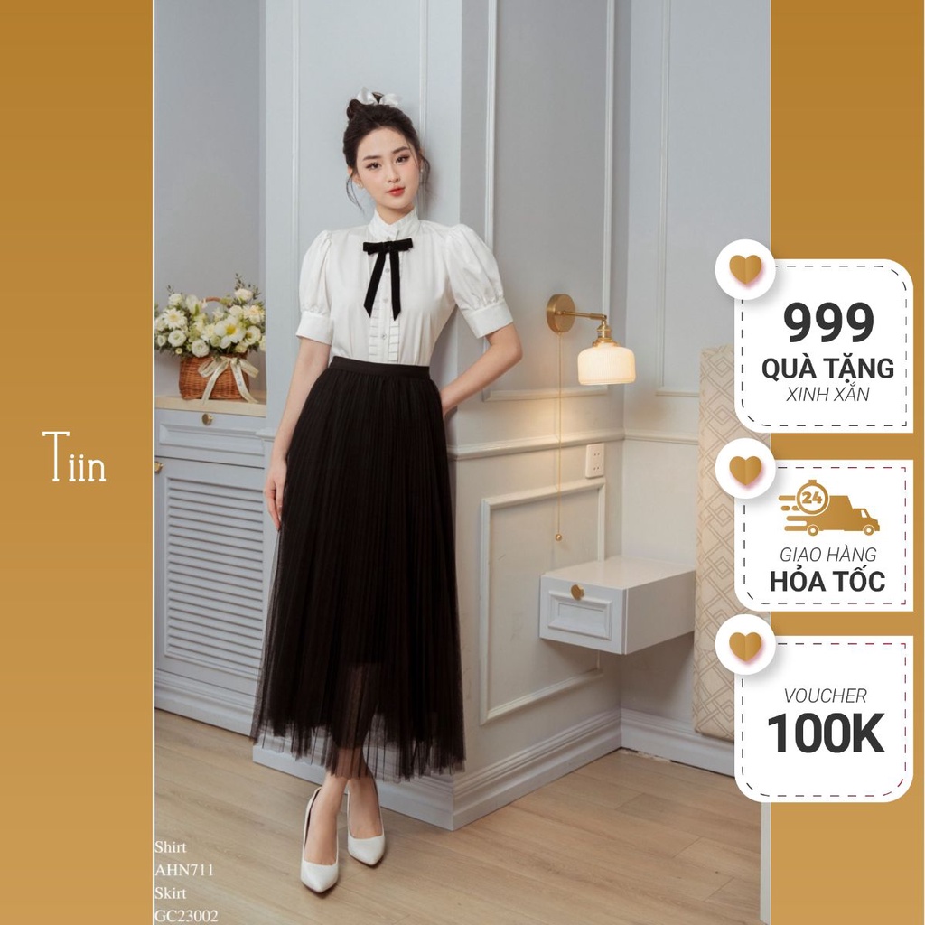 Chân váy midi voan dập ly TIINSTORE GC23002