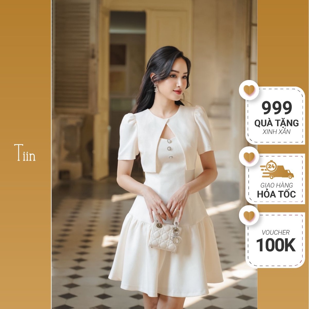 Váy cổ tròn đáp ngoài tùng nhún TIINSTORE VHN766