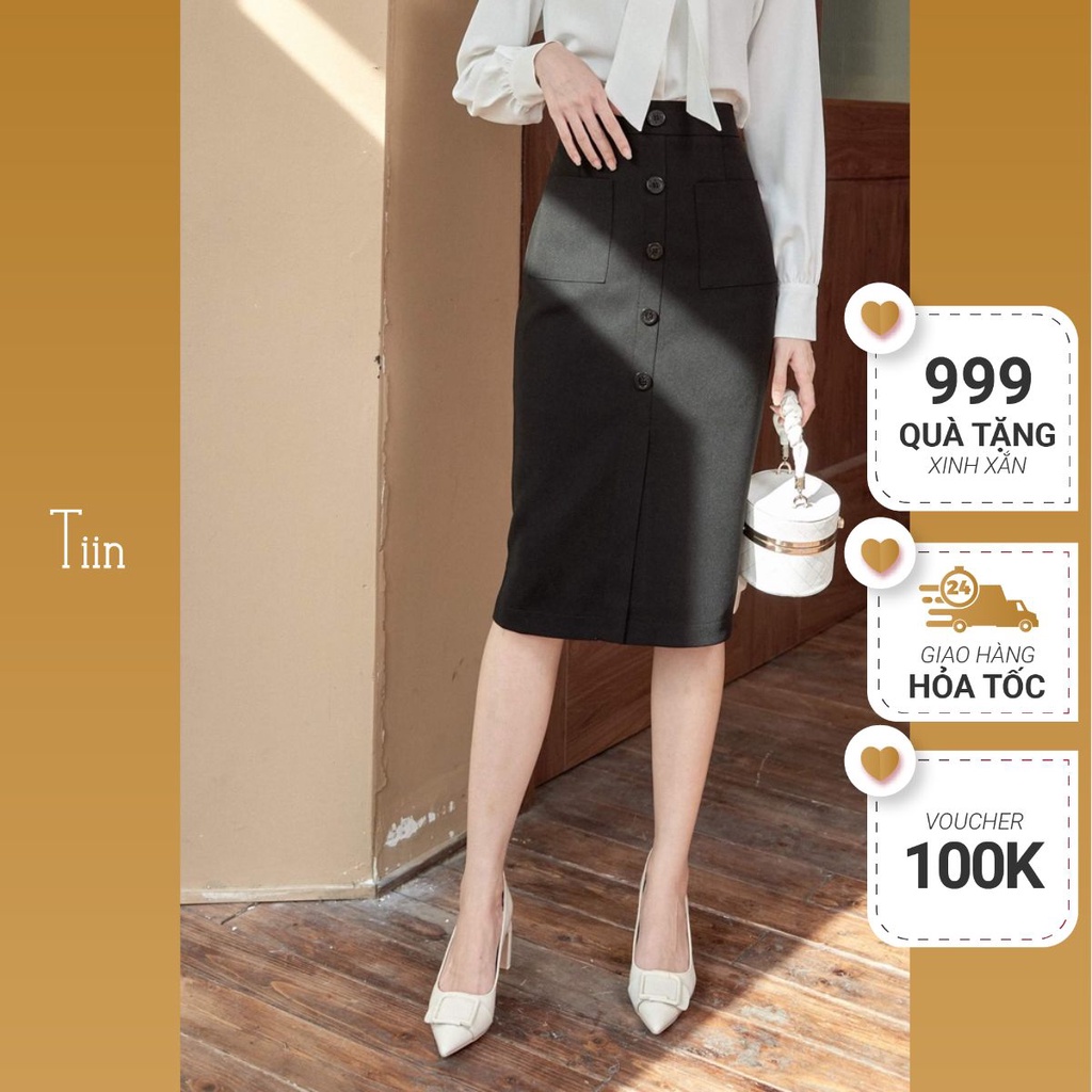 Chân váy bút chì nẹp giả đính khuy túi ốp TIINSTORE CHD043
