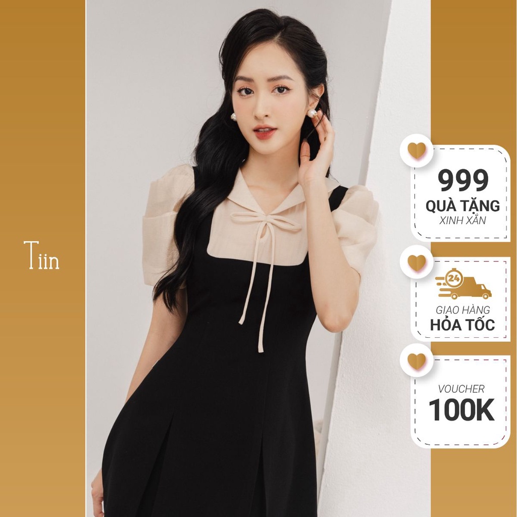Váy yếm phối cổ nơ tay xếp kiểu sang trọng chính hãng TIINSTORE VHN768