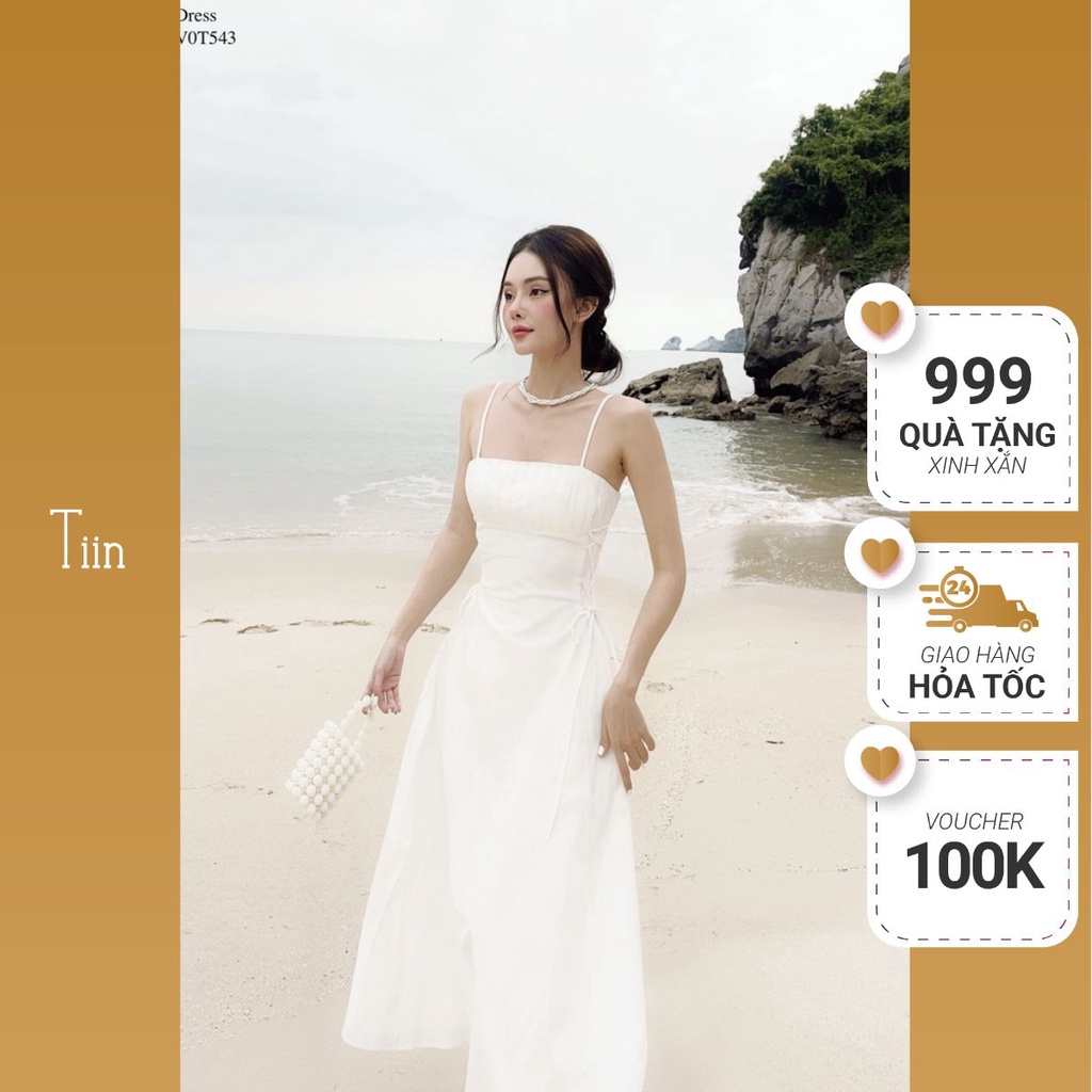 Đầm hai dây maxi dáng dài Váy trắng 2 dây đan dây sườn thắt nơ công chúa phối ngực cao cấp TIINSTORE V0D543