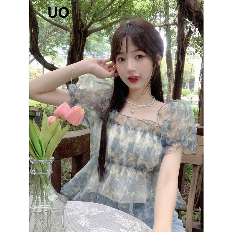 Jiashucheng Áo Sơ Mi Ngắn Trễ Vai Tay Phồng Họa Tiết Hoa Thời Trang Mùa Hè Pháp Ngọt Ngào Dành Cho Nữ