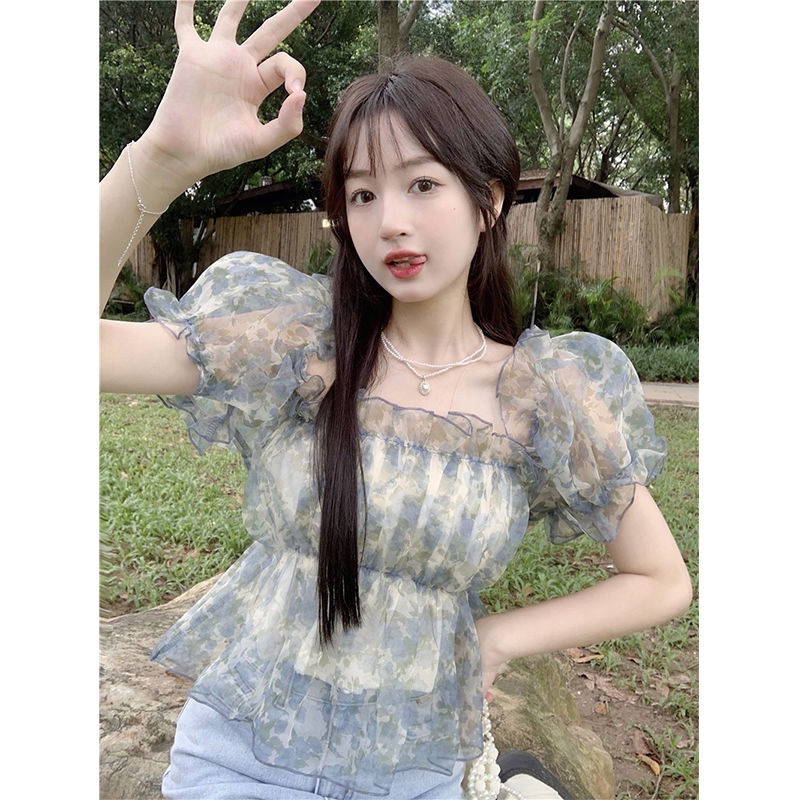 Jiashucheng Áo Sơ Mi Ngắn Trễ Vai Tay Phồng Họa Tiết Hoa Thời Trang Mùa Hè Pháp Ngọt Ngào Dành Cho Nữ