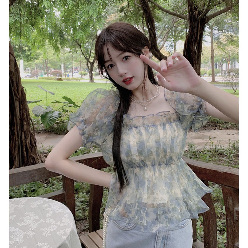 Jiashucheng Áo Sơ Mi Ngắn Trễ Vai Tay Phồng Họa Tiết Hoa Thời Trang Mùa Hè Pháp Ngọt Ngào Dành Cho Nữ