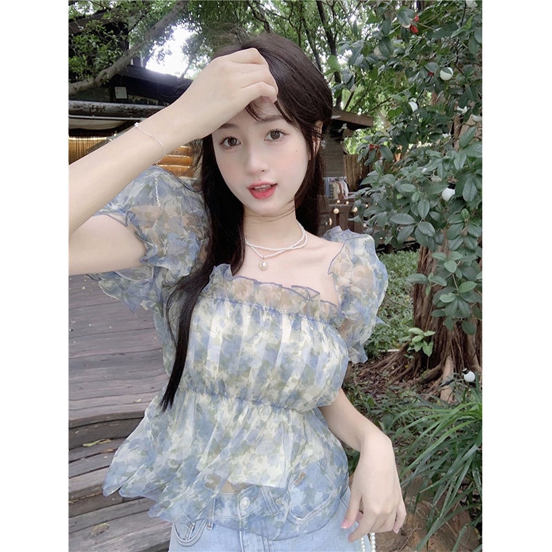 Jiashucheng Áo Sơ Mi Ngắn Trễ Vai Tay Phồng Họa Tiết Hoa Thời Trang Mùa Hè Pháp Ngọt Ngào Dành Cho Nữ