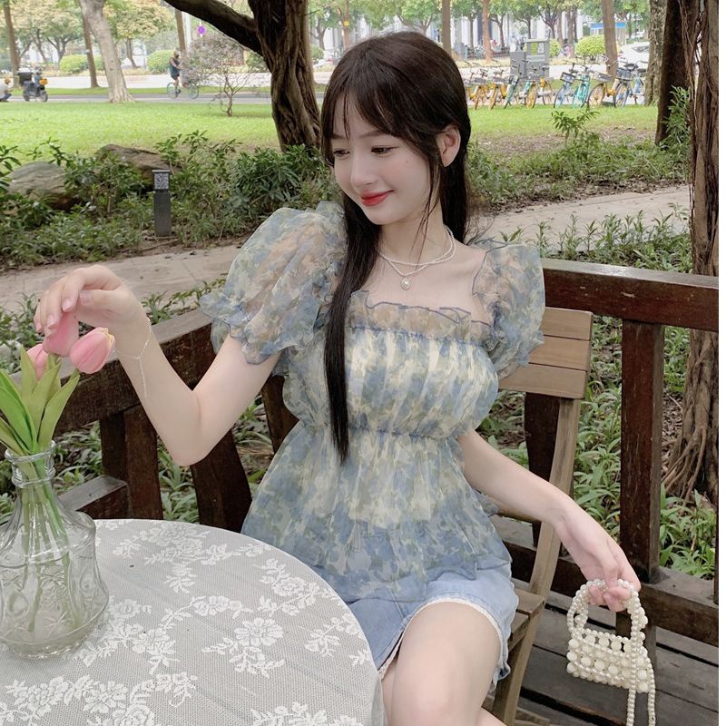 Jiashucheng Áo Sơ Mi Ngắn Trễ Vai Tay Phồng Họa Tiết Hoa Thời Trang Mùa Hè Pháp Ngọt Ngào Dành Cho Nữ