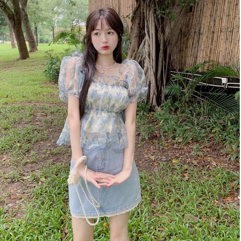 Jiashucheng Áo Sơ Mi Ngắn Trễ Vai Tay Phồng Họa Tiết Hoa Thời Trang Mùa Hè Pháp Ngọt Ngào Dành Cho Nữ