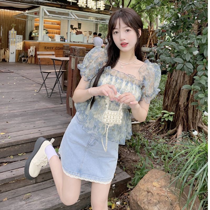 Jiashucheng Áo Sơ Mi Ngắn Trễ Vai Tay Phồng Họa Tiết Hoa Thời Trang Mùa Hè Pháp Ngọt Ngào Dành Cho Nữ