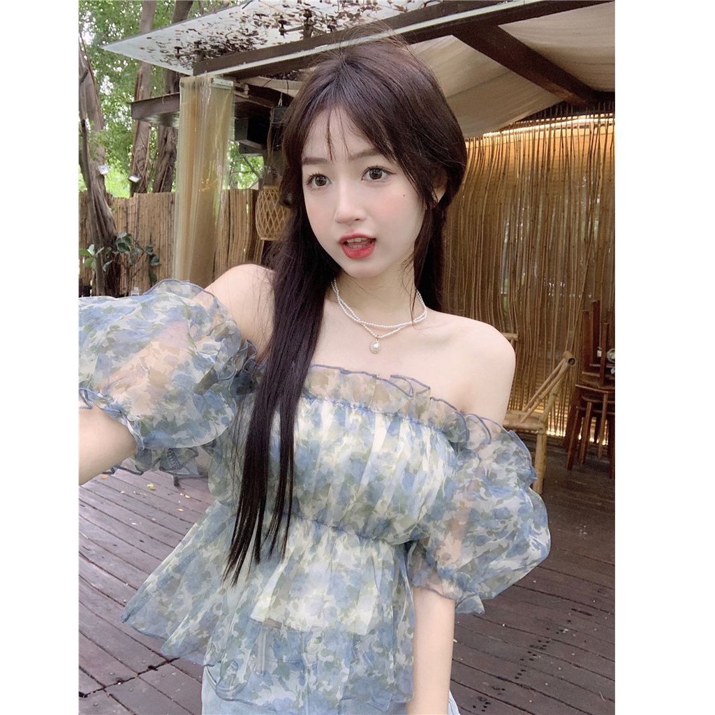 Jiashucheng Áo Sơ Mi Ngắn Trễ Vai Tay Phồng Họa Tiết Hoa Thời Trang Mùa Hè Pháp Ngọt Ngào Dành Cho Nữ