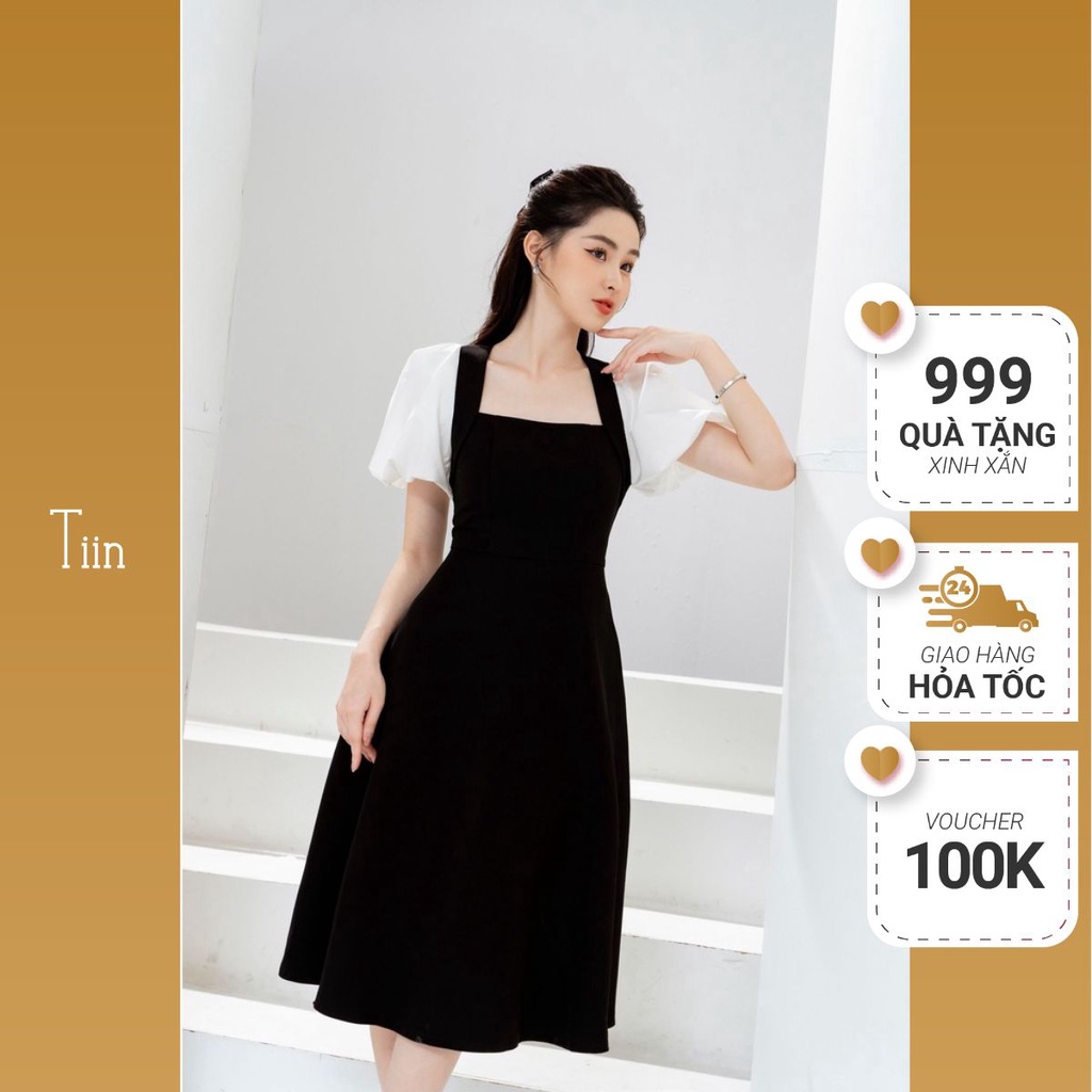 Váy cổ đáp lượn phối tay bồng TIINSTORE VHN649