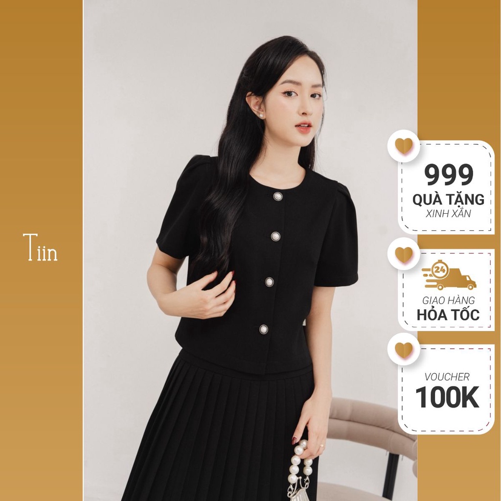 Áo cổ tròn tay cộc vai xếp ly TIINSTORE AHN314