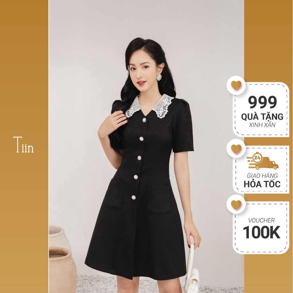 Váy cổ ren nẹp khuy túi ốp TIINSTORE VDN717