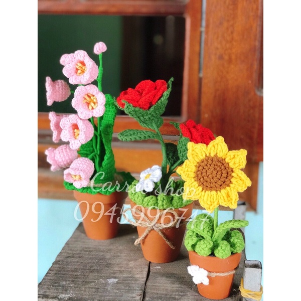 chậu hoa len mini để bàn, chậu mini, chậu hoa len