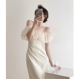 váy trắng đen trễ vai bèo voan thanh lịch