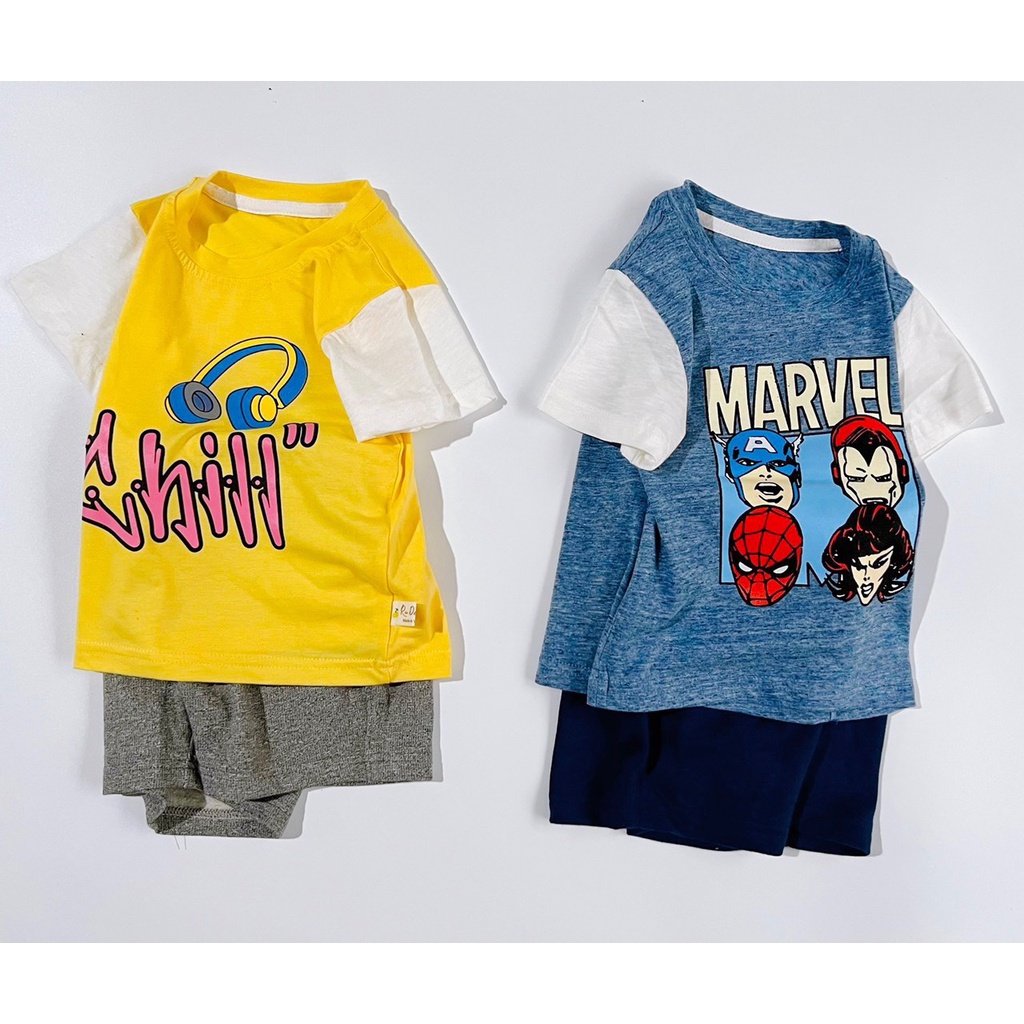 Bộ cộc bé trai áo in ráp lăng tay trắng phối quần da cá dây rút đáp túi size 2-7T
