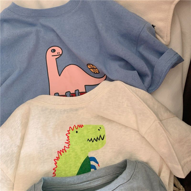 Áo Thun 100% Cotton Tay Ngắn Cổ Tròn Thoáng Khí In Hình Khủng Long Thời Trang Mùa Hè Dành Cho Trẻ Em