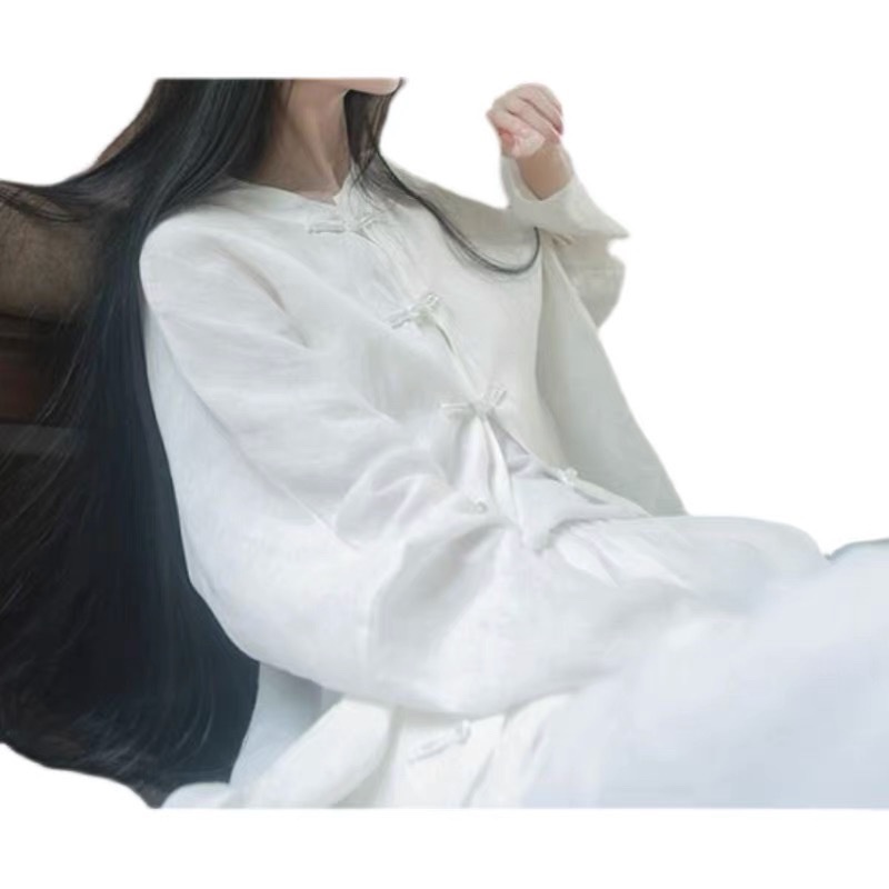 Leehyu Áo Sơ Mi Trắng Dáng Rộng Cài Nút Phong Cách Hanfu Cho Nữ