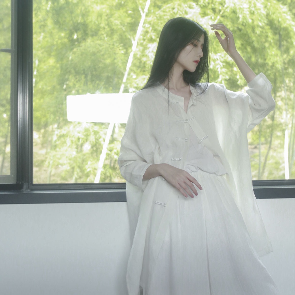 Leehyu Áo Sơ Mi Trắng Dáng Rộng Cài Nút Phong Cách Hanfu Cho Nữ