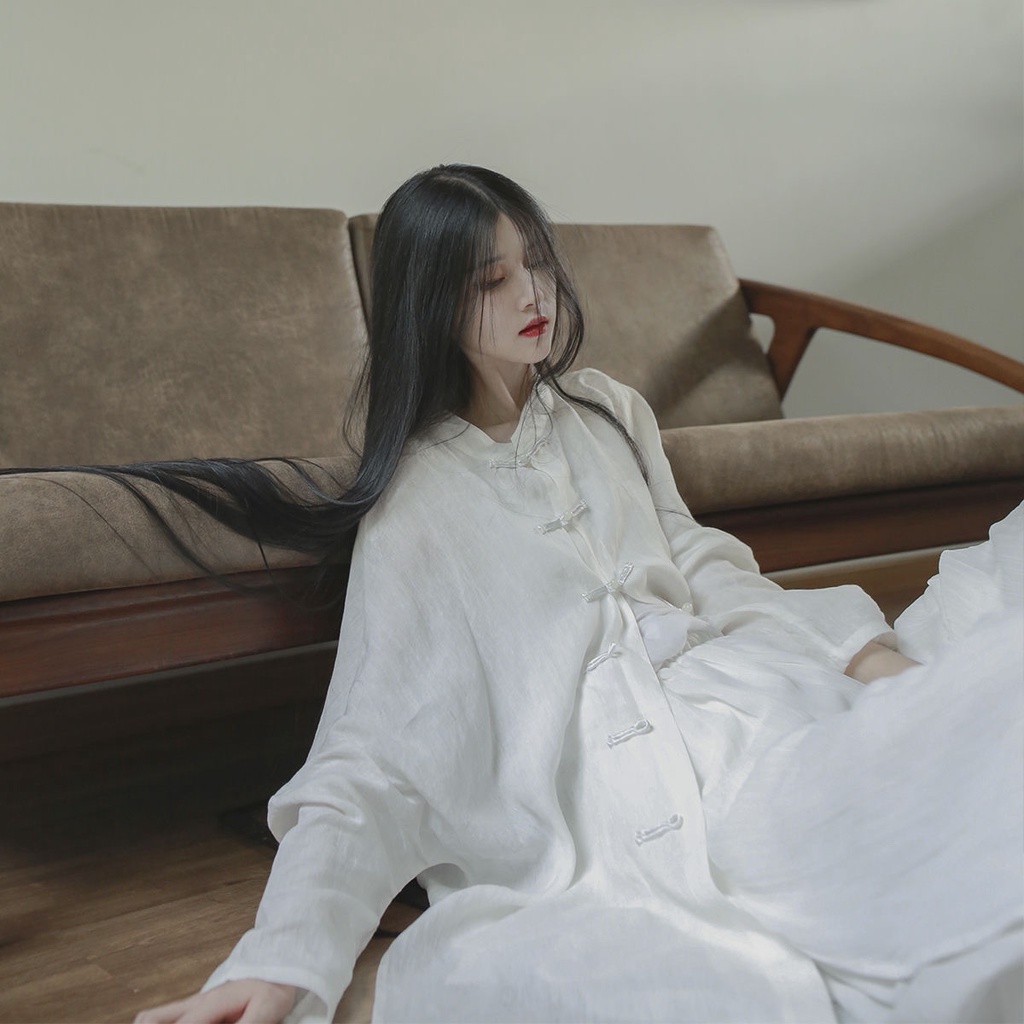 Leehyu Áo Sơ Mi Trắng Dáng Rộng Cài Nút Phong Cách Hanfu Cho Nữ