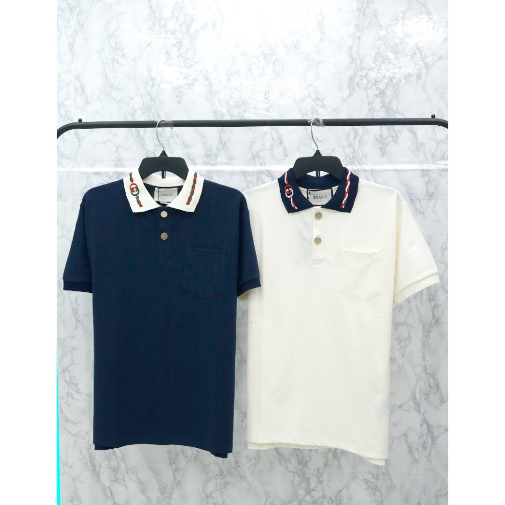 Áo Polo Gucci GG CONTRAST COLLAR Thêu hoa văn Cổ Vải Cotton 100% The.Base