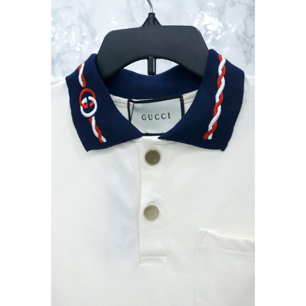 Áo Polo Gucci GG CONTRAST COLLAR Thêu hoa văn Cổ Vải Cotton 100% The.Base
