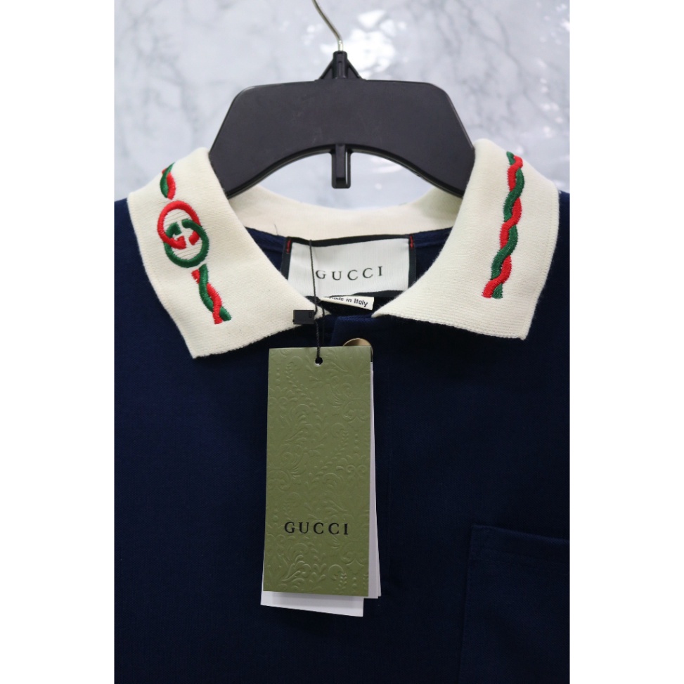 Áo Polo Gucci GG CONTRAST COLLAR Thêu hoa văn Cổ Vải Cotton 100% The.Base